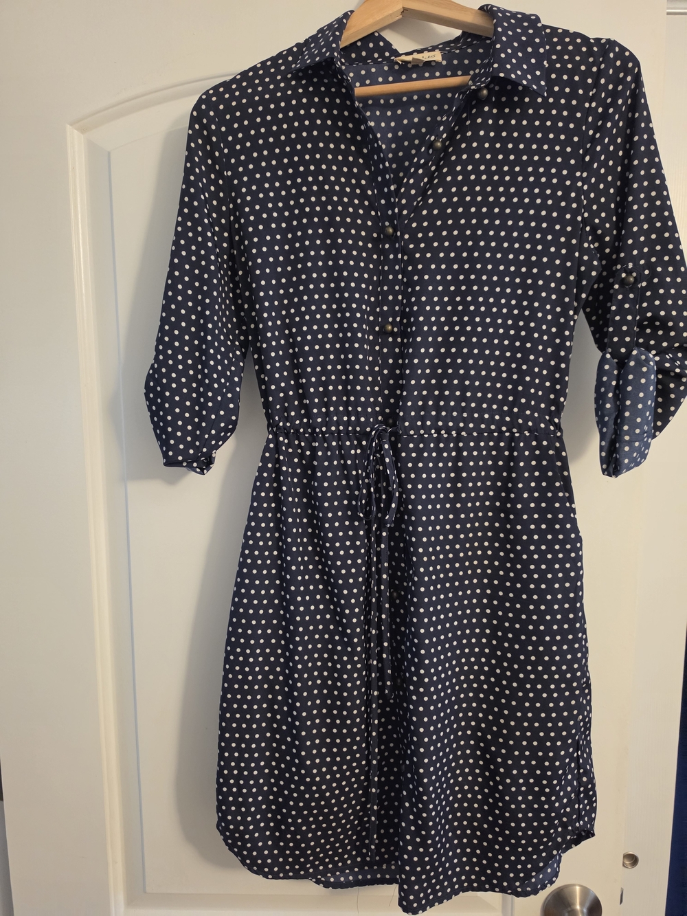 Maison Jules Navy and White Polka Dot Shirt Dress